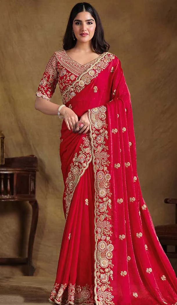 Maroon Two Tone Satin Silk Stone Work Wedding Wear Saree - 11601202072