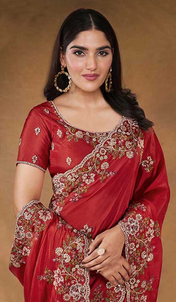 Maroon Uppada Silk Stone Work Wedding Wear Saree - 11601202076
