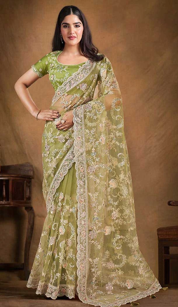 Pista Green Net Stone Work Wedding Wear Saree - 11601202077