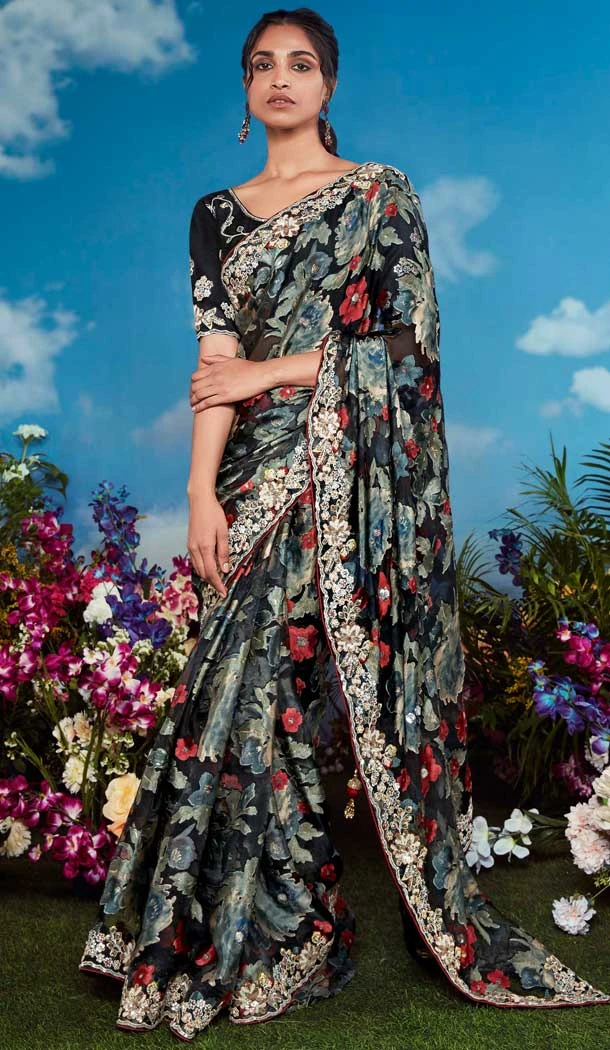 Black Pure Brasso Embroidery Work Party Wear Saree - 11602202078
