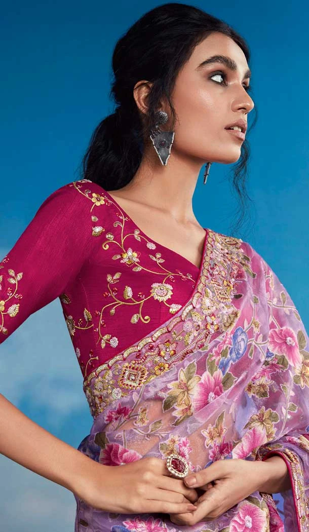 Pink Pure Brasso Embroidery Work Party Wear Saree - 11602202079