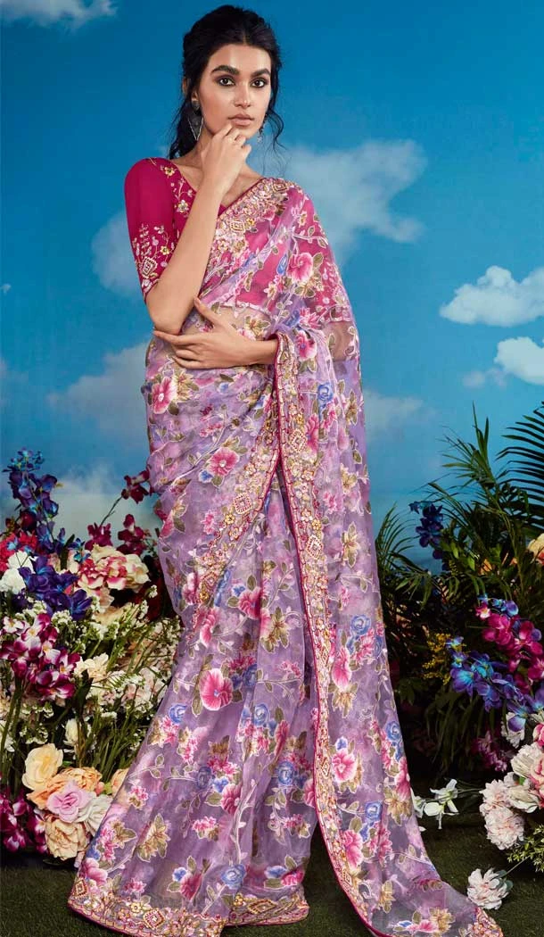 Pink Pure Brasso Embroidery Work Party Wear Saree - 11602202079