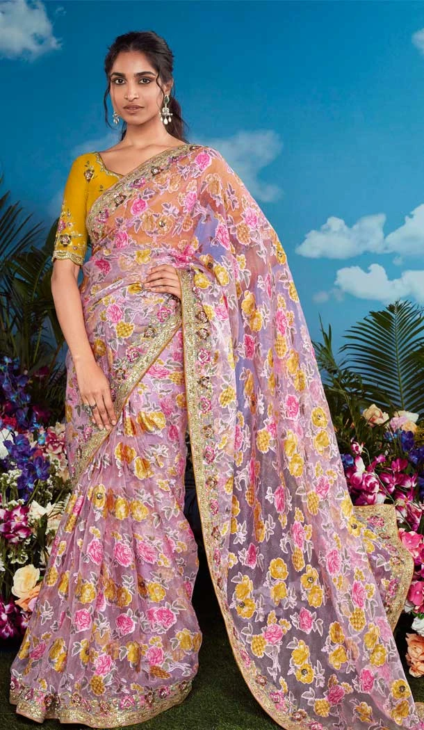 Pure Brasso Embroidery Work Party Wear Saree In Pink - 11602202081