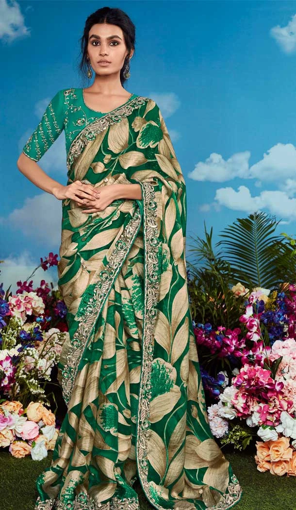 Green Pure Brasso Embroidery Work Party Wear Saree - 11602202082