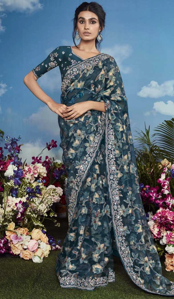 Pure Brasso Embroidery Work Party Wear Saree In Black - 11602202083