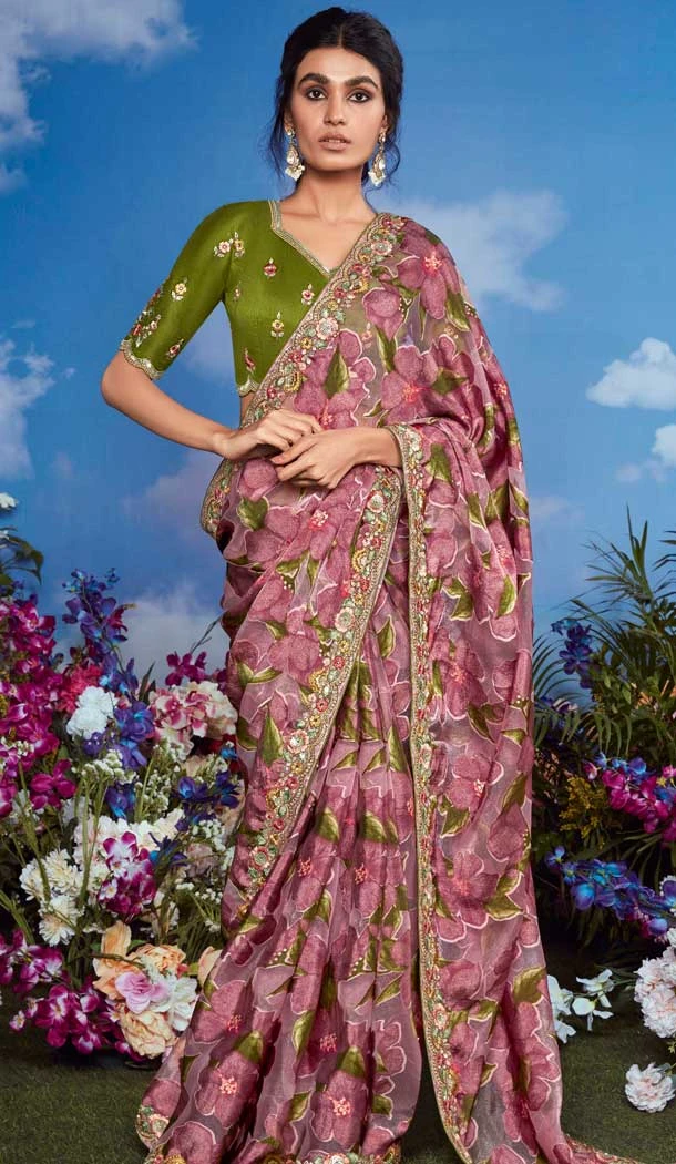 Mehendi Green Pure Brasso Embroidery Work Party Wear Saree - 11602202084