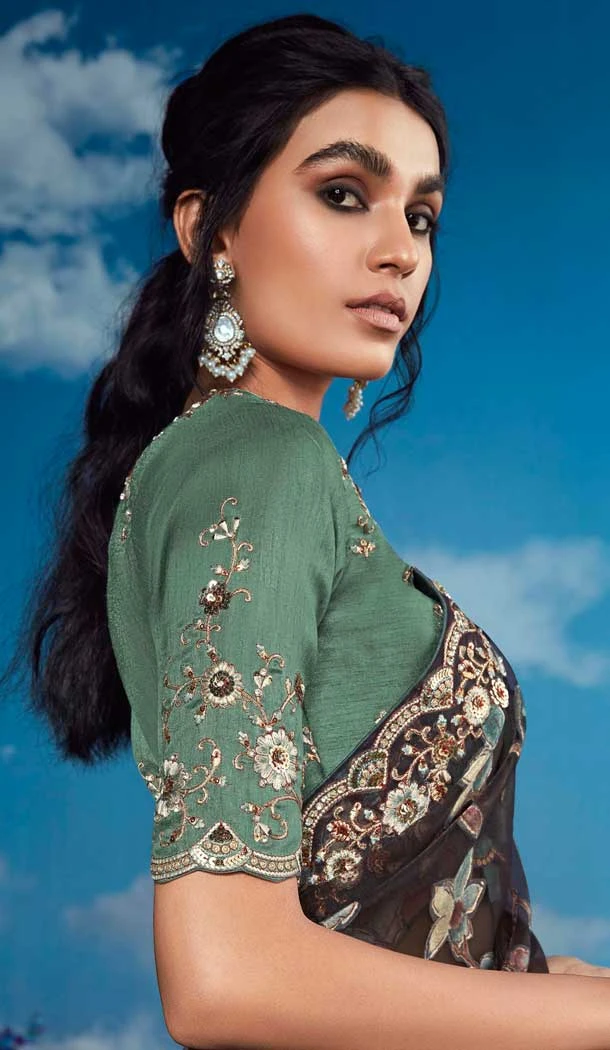 Black Pure Brasso Embroidery Work Party Wear Designer Saree - 11602202085