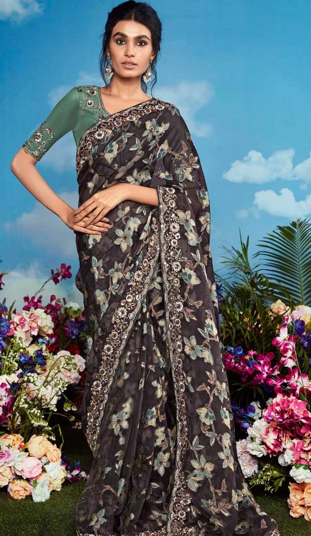 Black Pure Brasso Embroidery Work Party Wear Designer Saree - 11602202085