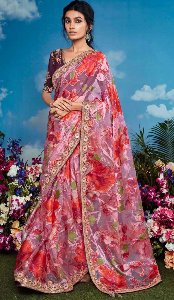 Pink Pure Brasso Embroidery Work Party Wear Designer Saree - 11602202086