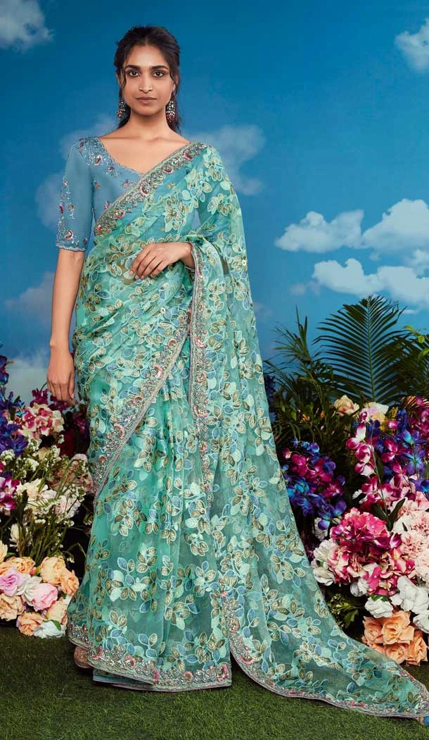 Sky Blue Pure Brasso Embroidery Work Party Wear Saree - 11602202087