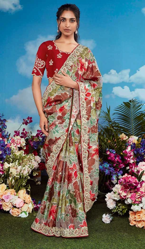 Multi Color Pure Brasso Embroidery Work Party Wear Saree - 11602202088