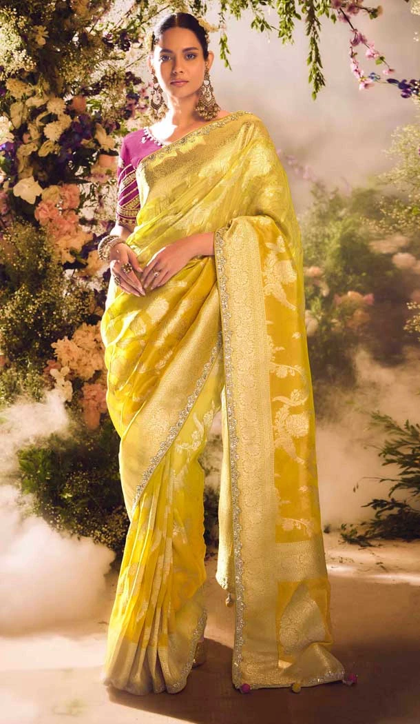 Banarasi Zari Tissue Weaving Work Designer Wear Saree In Yellow - 11603202093