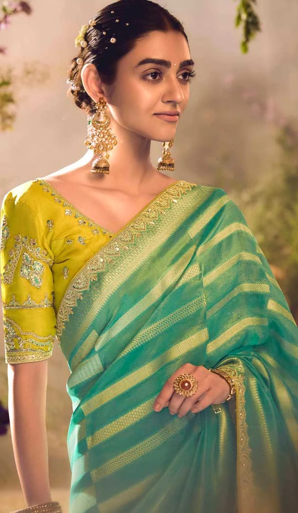 Banarasi Zari Tissue Weaving Work Designer Wear Saree In Rama Green - 11603202096