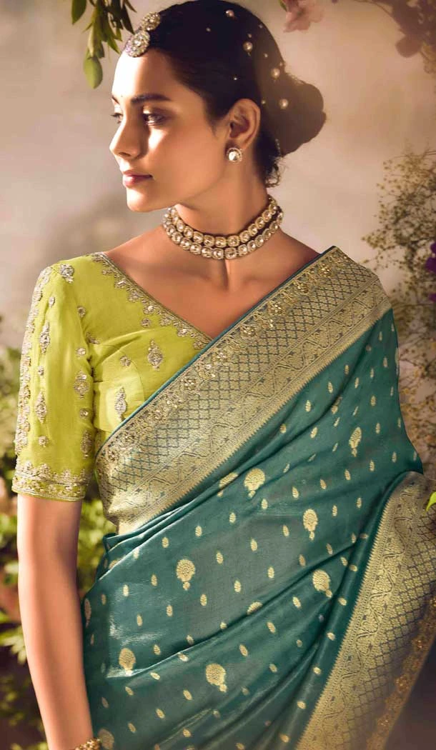 Rama Green Banarasi Zari Tissue Weaving Work Designer Wear Saree - 11603202099