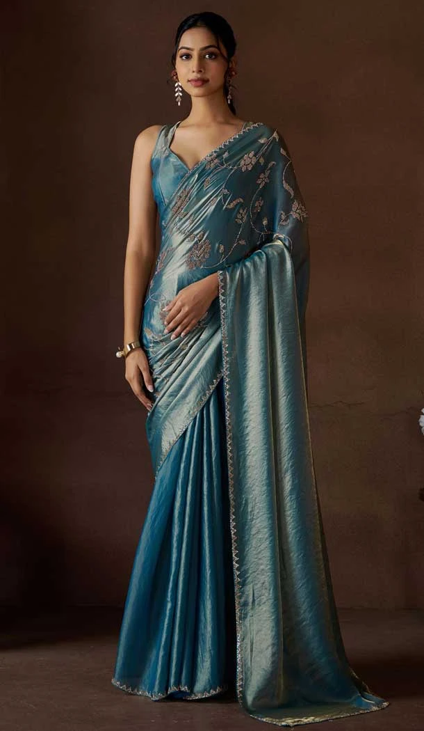 Firozi Blue Satin Silk HandWork Party Wear Saree - 11604202100