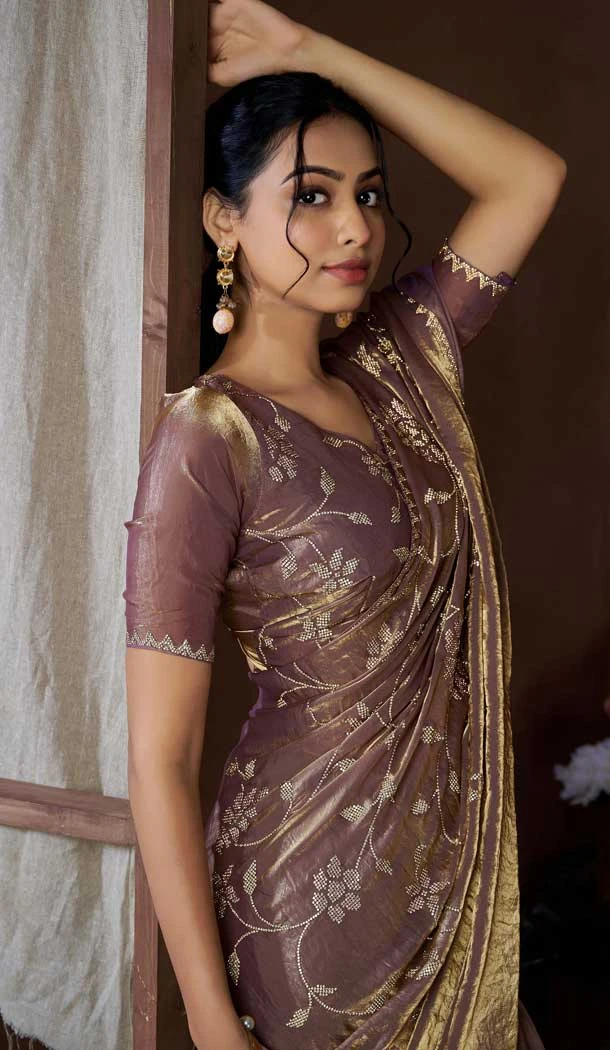 Dark Beige Satin Silk HandWork Party Wear Saree - 11604202101