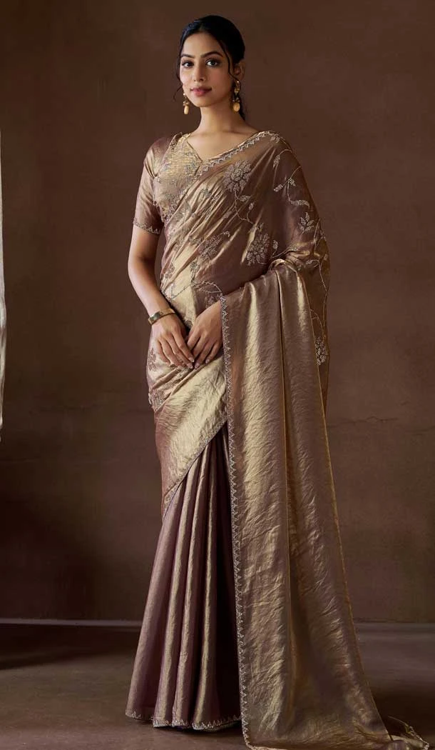 Dark Beige Satin Silk HandWork Party Wear Saree - 11604202101