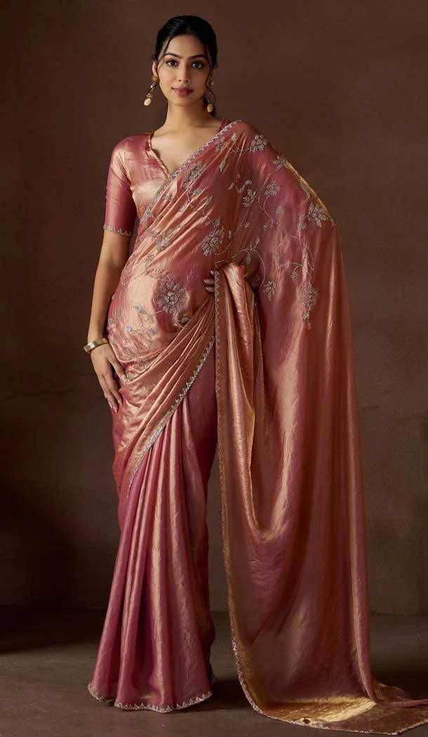 Pink Satin Silk HandWork Party Wear Saree - 11604202102