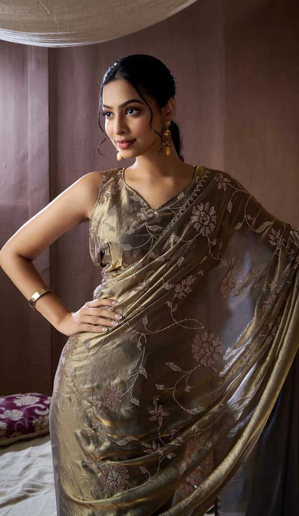 Grey Satin Silk HandWork Party Wear Saree - 11604202103