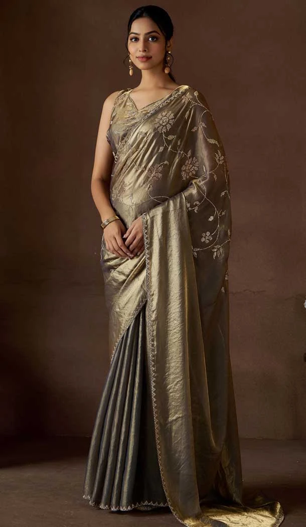 Grey Satin Silk HandWork Party Wear Saree - 11604202103
