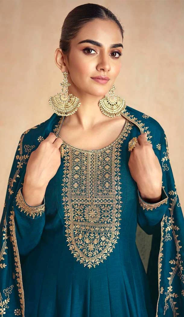 Silk Embroidery Work Party Wear Gown In Teal Blue - 11670202444