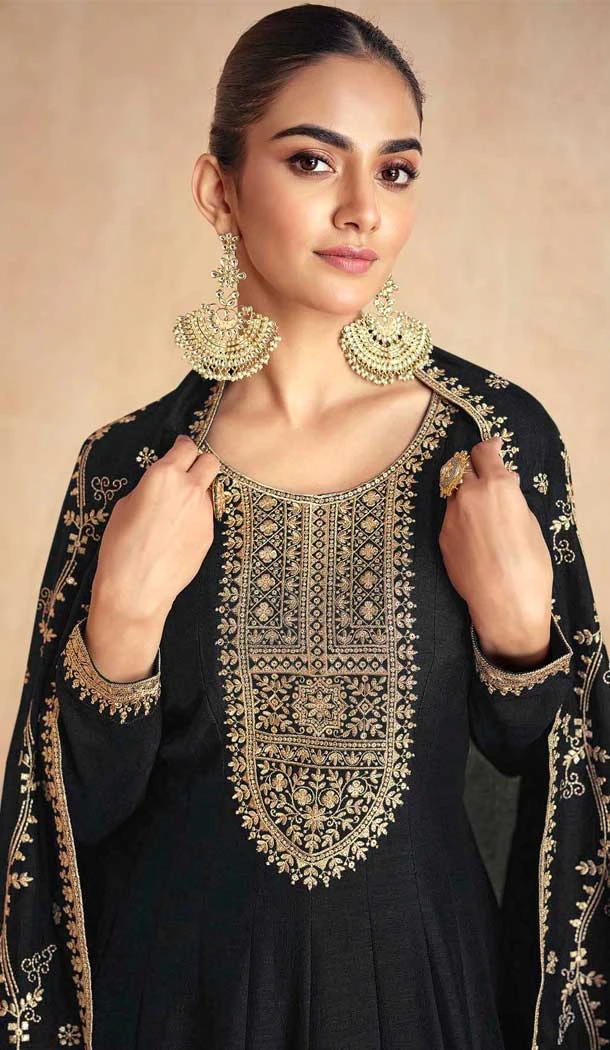 Silk Embroidery Work Party Wear Gown In Black - 11670202445