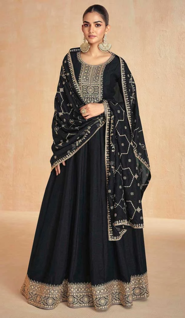 Silk Embroidery Work Party Wear Gown In Black - 11670202445