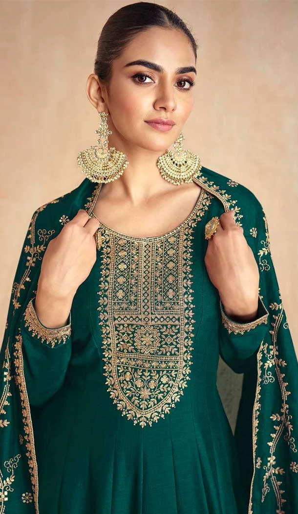 Silk Embroidery Work Party Wear Gown In Green - 11670202446