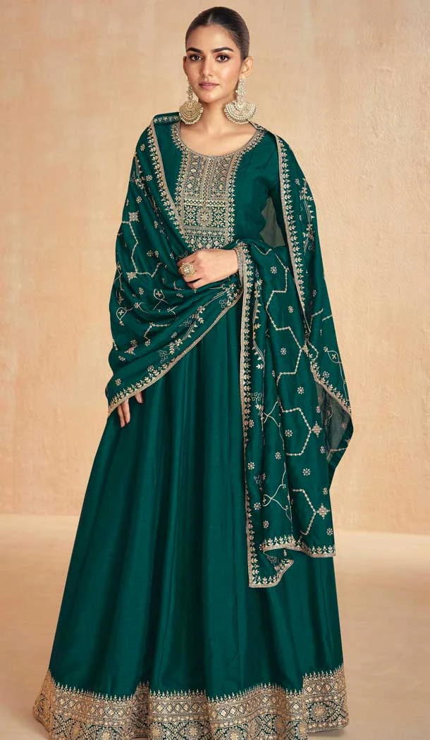 Silk Embroidery Work Party Wear Gown In Green - 11670202446