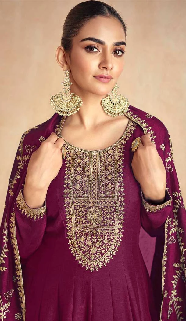 Silk Embroidery Work Party Wear Gown In Wine - 11670202447