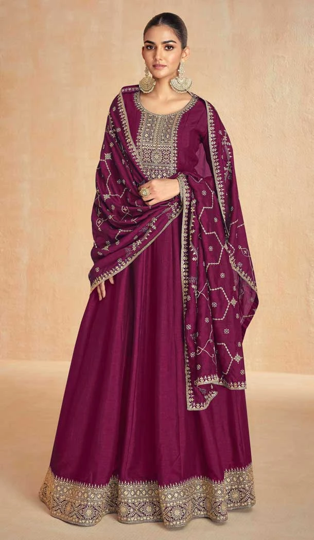 Silk Embroidery Work Party Wear Gown In Wine - 11670202447