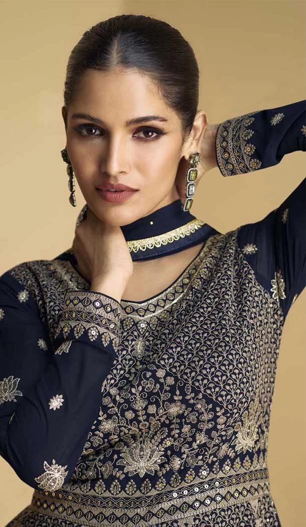 Navy Blue Georgette Zari Work Wedding Wear Anarkali Suit - 11674202460