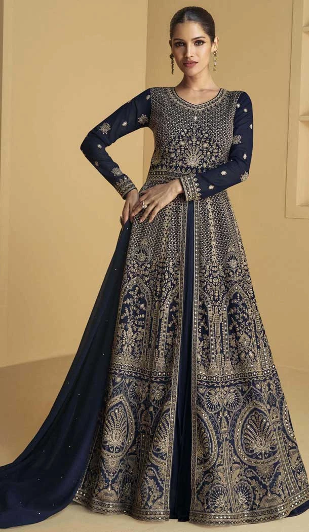 Navy Blue Georgette Zari Work Wedding Wear Anarkali Suit - 11674202460