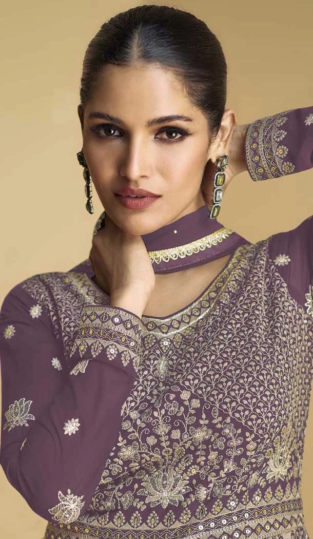 Purple Georgette Zari Work Wedding Wear Anarkali Suit - 11674202461