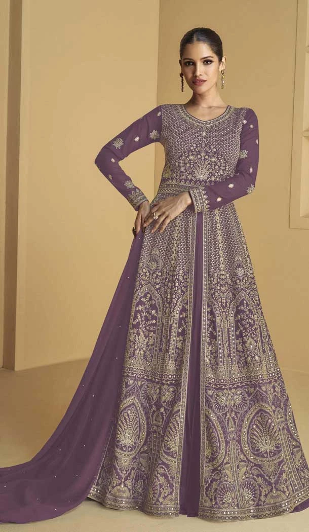 Purple Georgette Zari Work Wedding Wear Anarkali Suit - 11674202461