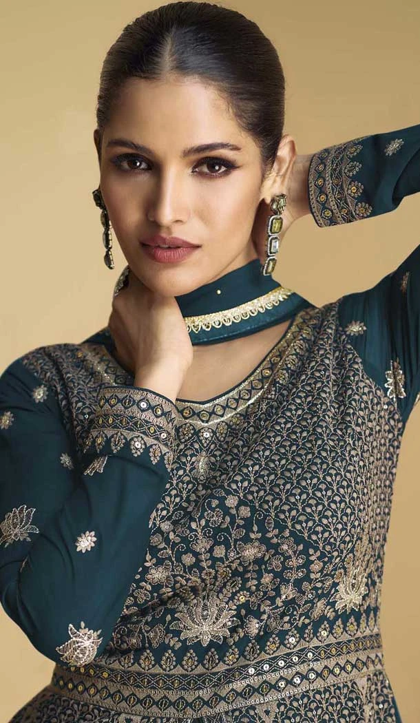 Teal Blue Georgette Zari Work Wedding Wear Anarkali Suit - 11674202462