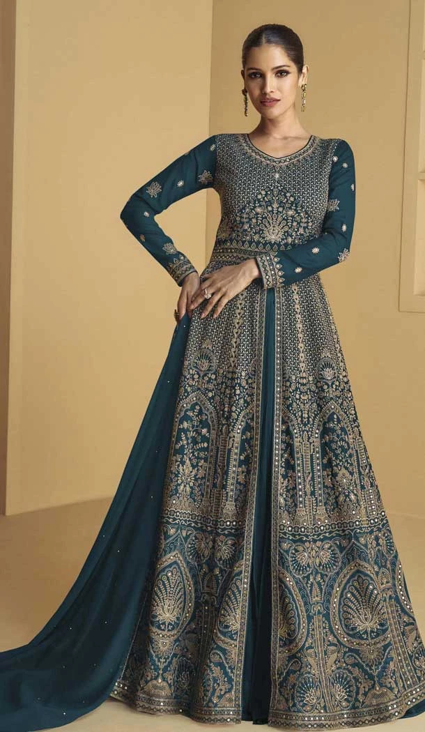 Teal Blue Georgette Zari Work Wedding Wear Anarkali Suit - 11674202462