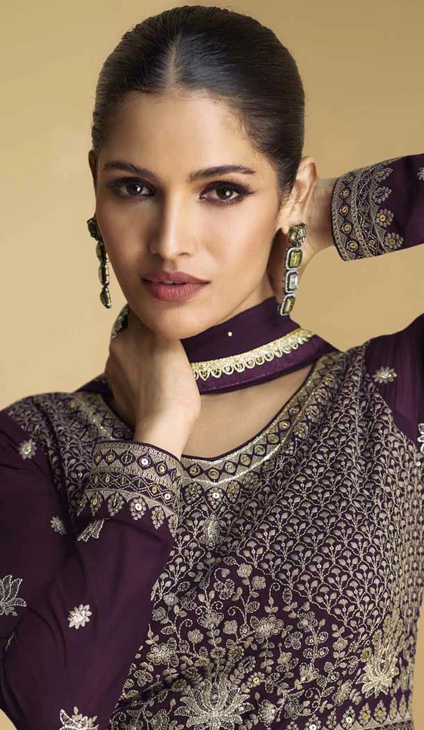 Purple Georgette Zari Work Wedding Wear Designer Anarkali Suit - 11674202463