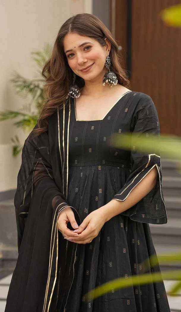 Black Maslin Foil Print Work Party Wear Anarkali Suit - 11680202486