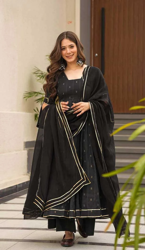 Black Maslin Foil Print Work Party Wear Anarkali Suit - 11680202486