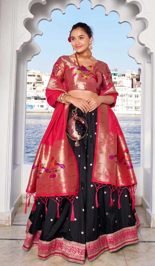 Black Jacquard Silk Zari Work Party Wear Lehenga Choli - 11705202628