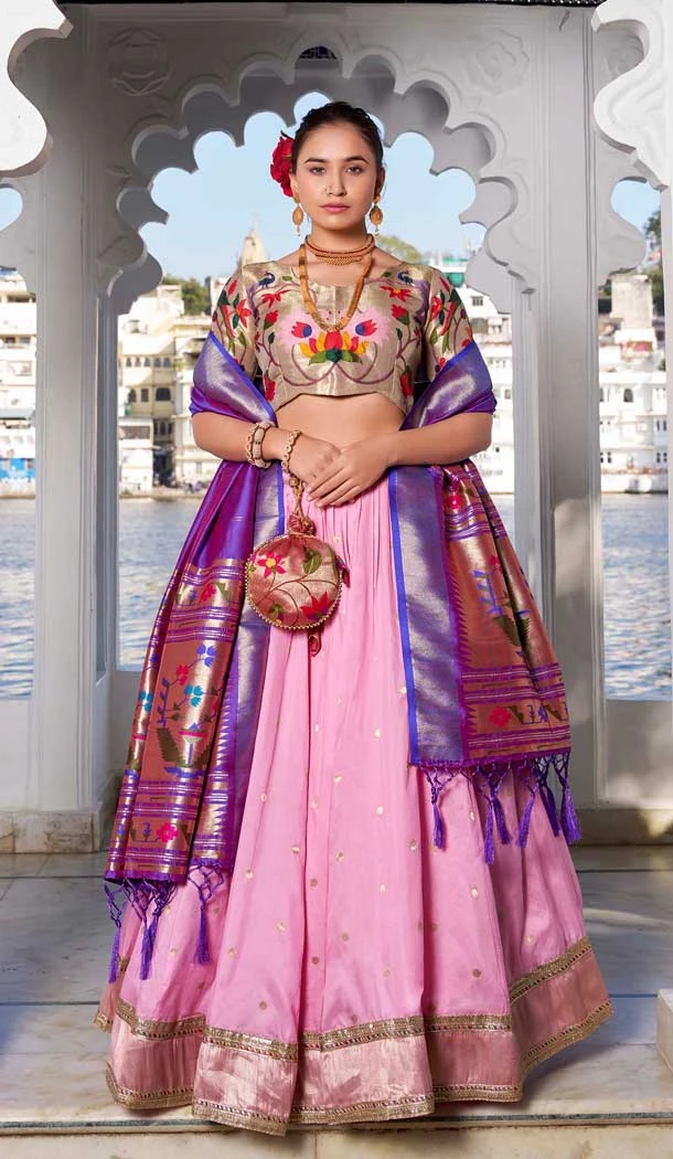 Pink Jacquard Silk Zari Work Party Wear Lehenga Choli - 11705202630