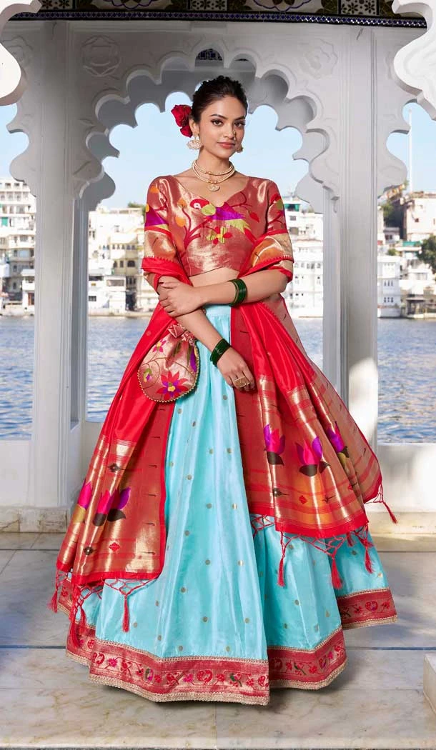 Sky Blue Jacquard Silk Zari Work Party Wear Lehenga Choli - 11705202631