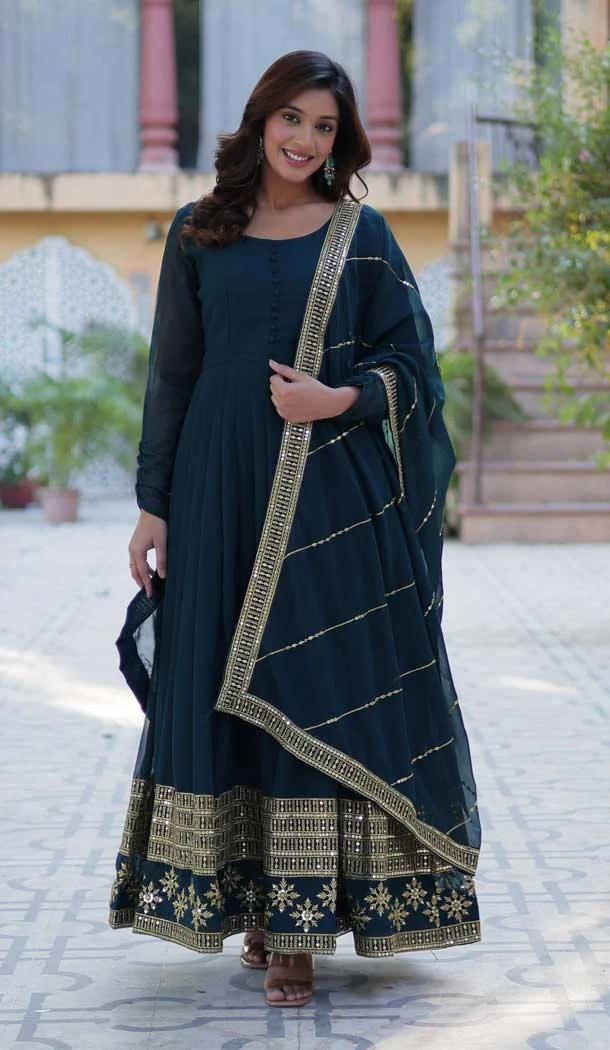 Rama Blue Faux Blooming Zari Work Party Wear Gown With Dupatta - 11713202675