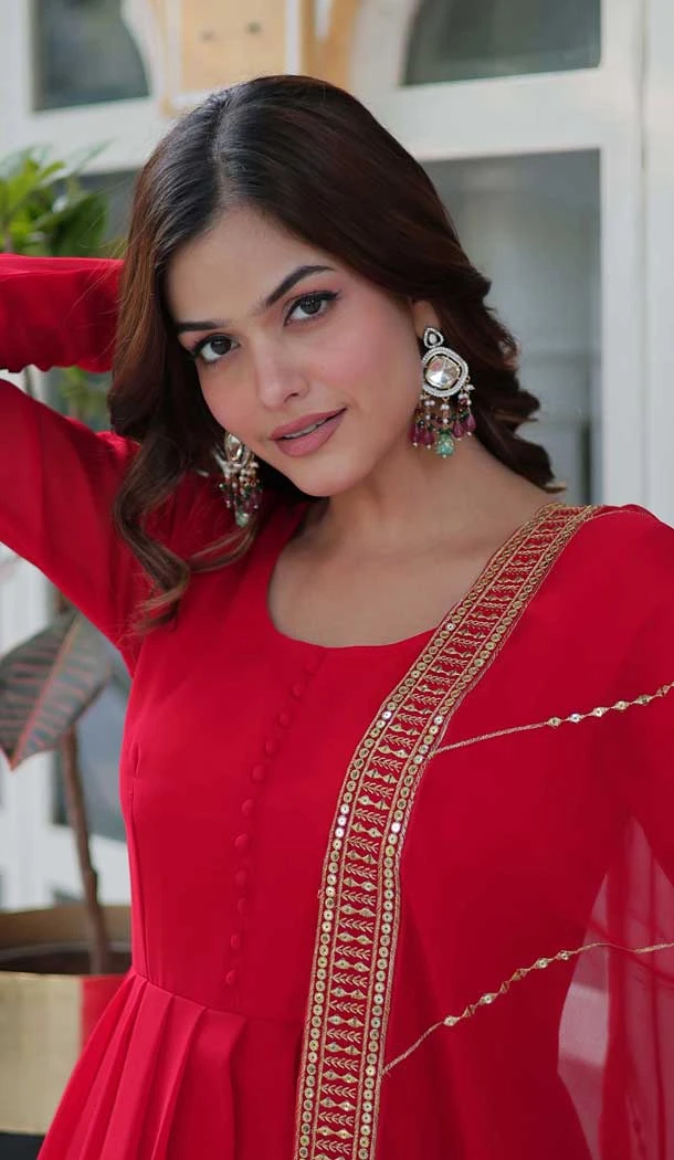 Red Faux Blooming Zari Work Party Wear Gown With Dupatta - 11713202676