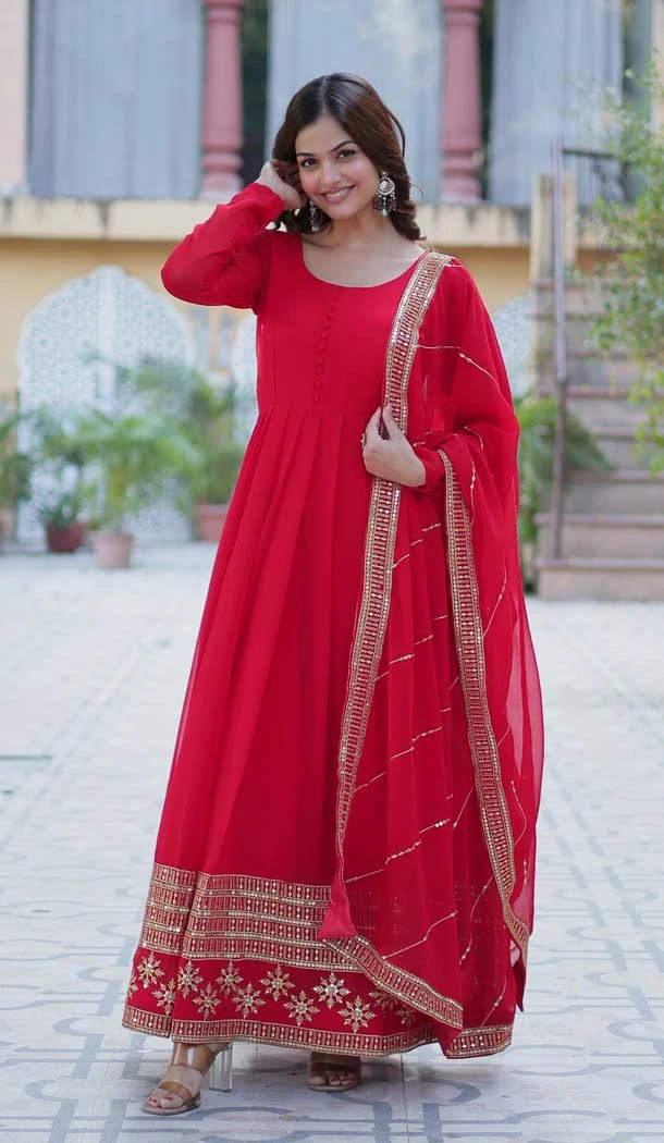 Red Faux Blooming Zari Work Party Wear Gown With Dupatta - 11713202676