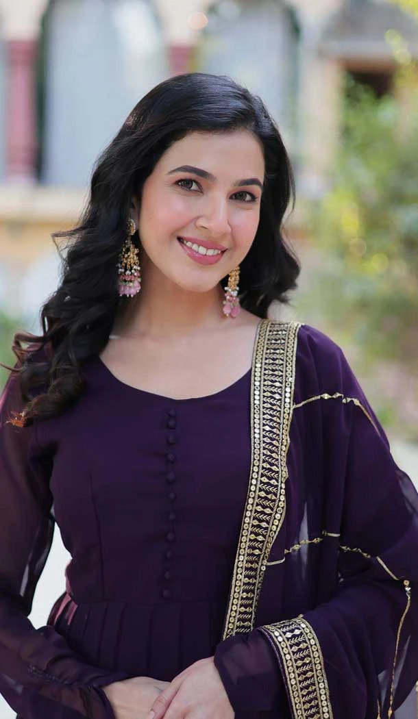 Wine Faux Blooming Zari Work Party Wear Gown With Dupatta - 11713202677