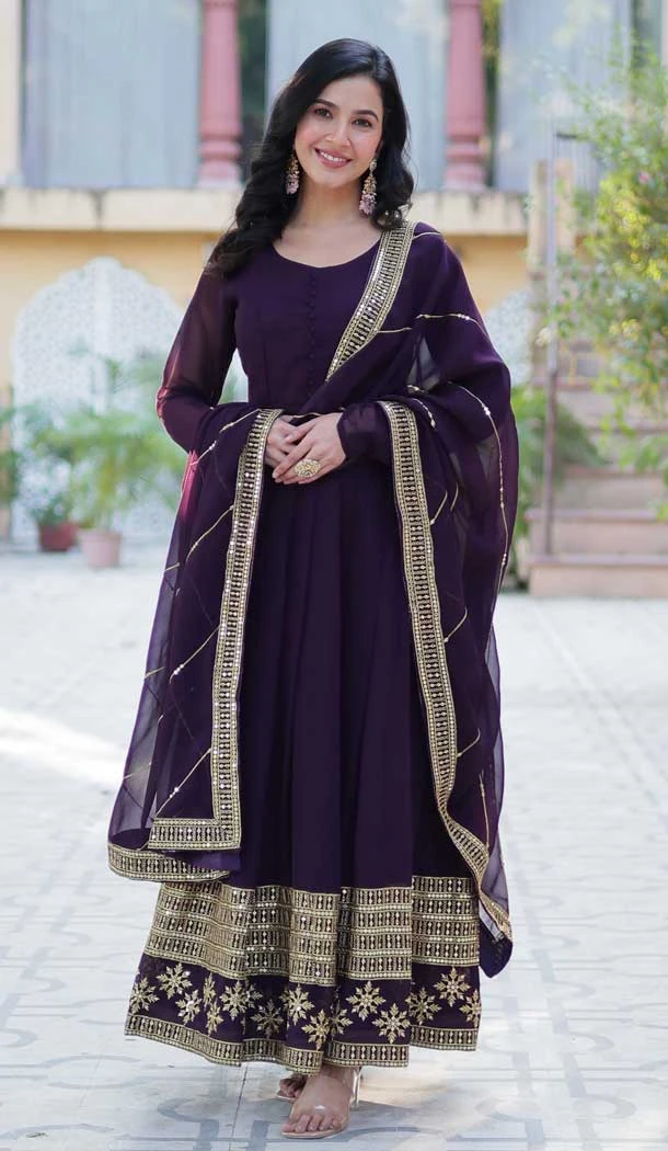 Wine Faux Blooming Zari Work Party Wear Gown With Dupatta - 11713202677