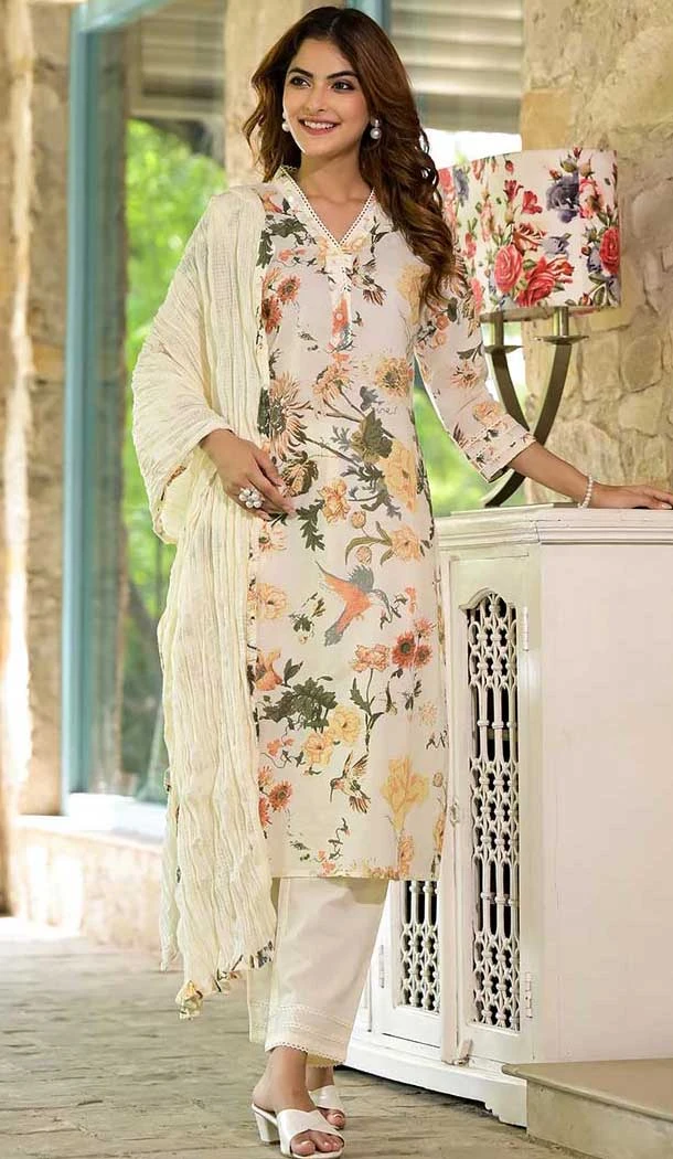Cotton Printed Work Party Wear Salwar Suit In Cream - 11724202768
