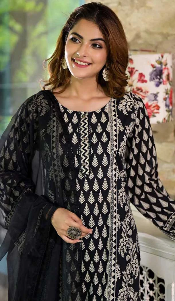 Cotton Printed Work Party Wear Salwar Suit In Black - 11724202769